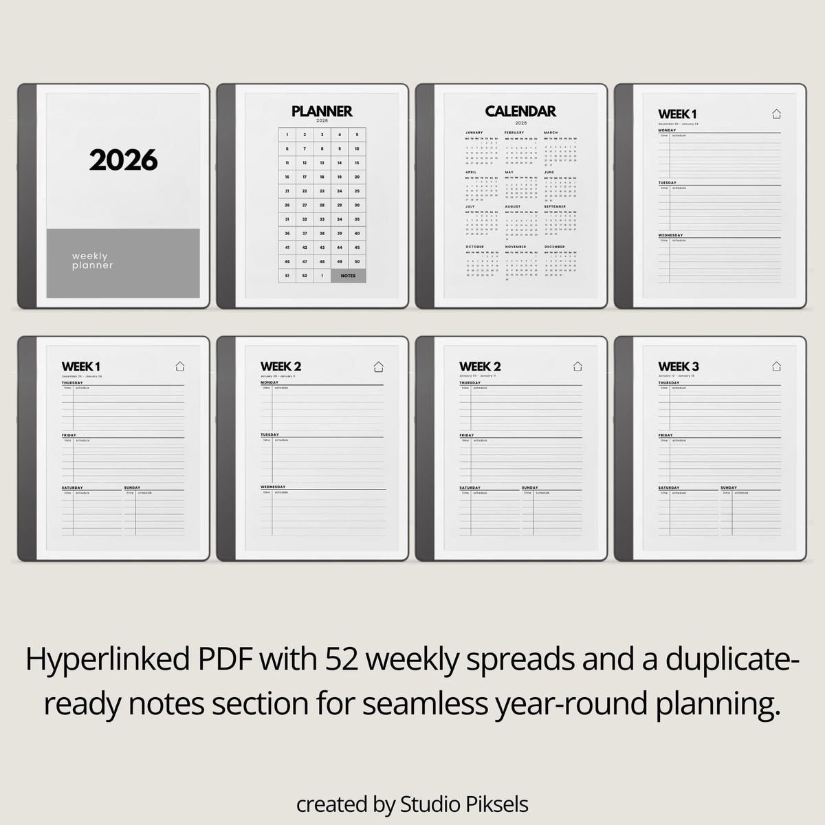 2-Year Hyperlinked Weekly Planner Bundle for Kindle Scribe with 2026 and 2027 weekly spreads, linked indexes, and digital planning layouts.