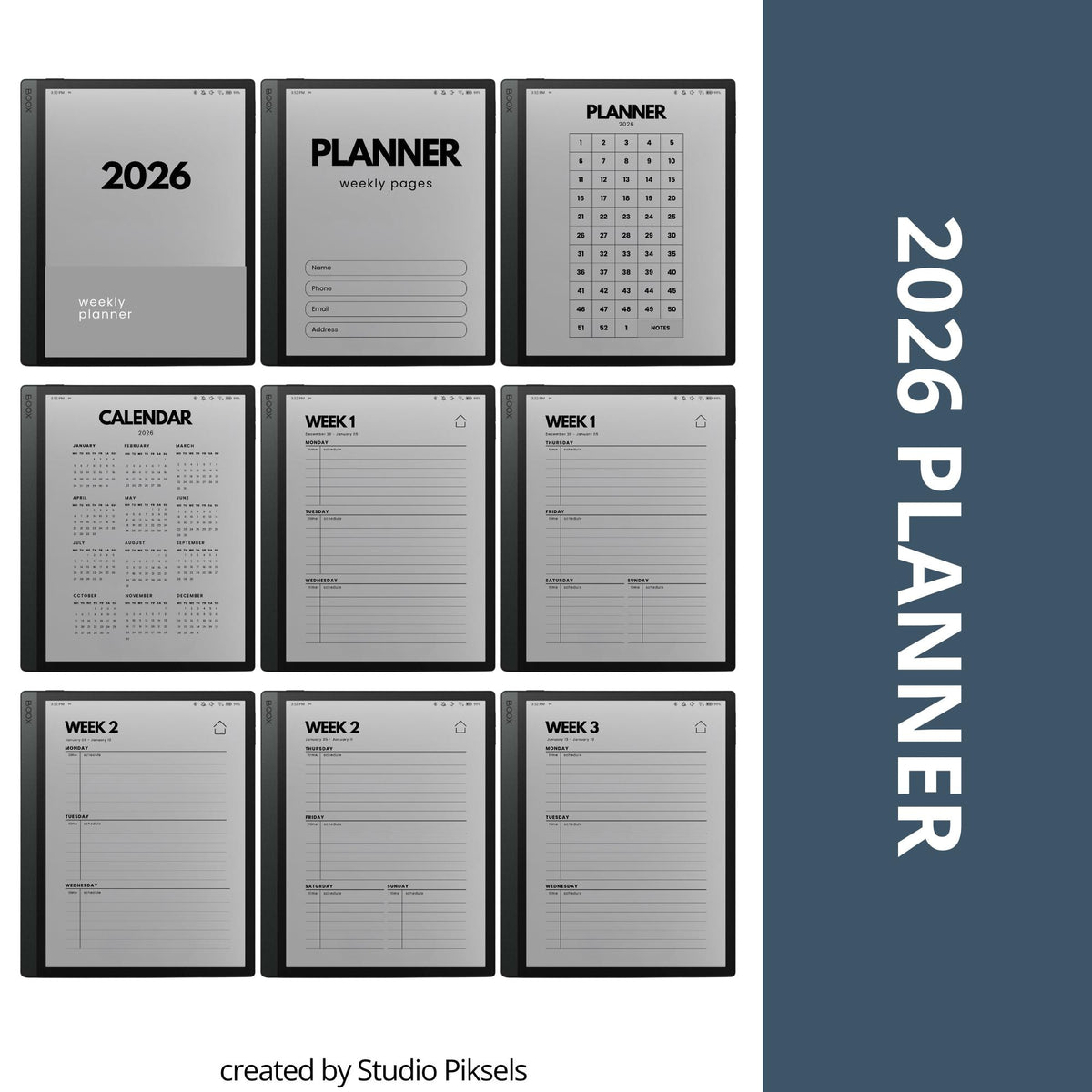 2-Year hyperlinked weekly planner bundle for BOOX devices featuring 2026 and 2027 digital planners with quarterly indexes, weekly navigation, and minimalist layouts.