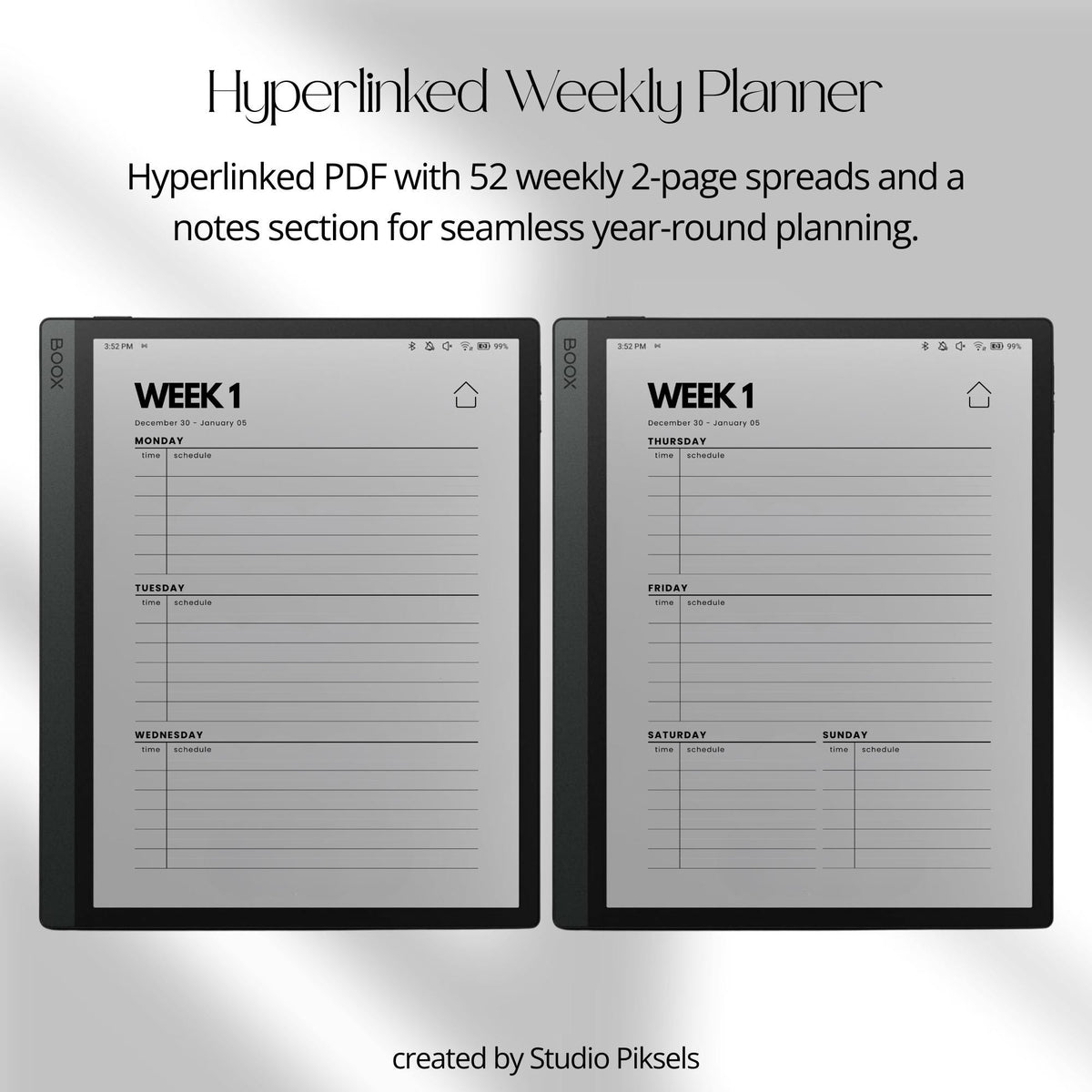 2-Year hyperlinked weekly planner bundle for BOOX devices featuring 2026 and 2027 digital planners with quarterly indexes, weekly navigation, and minimalist layouts.