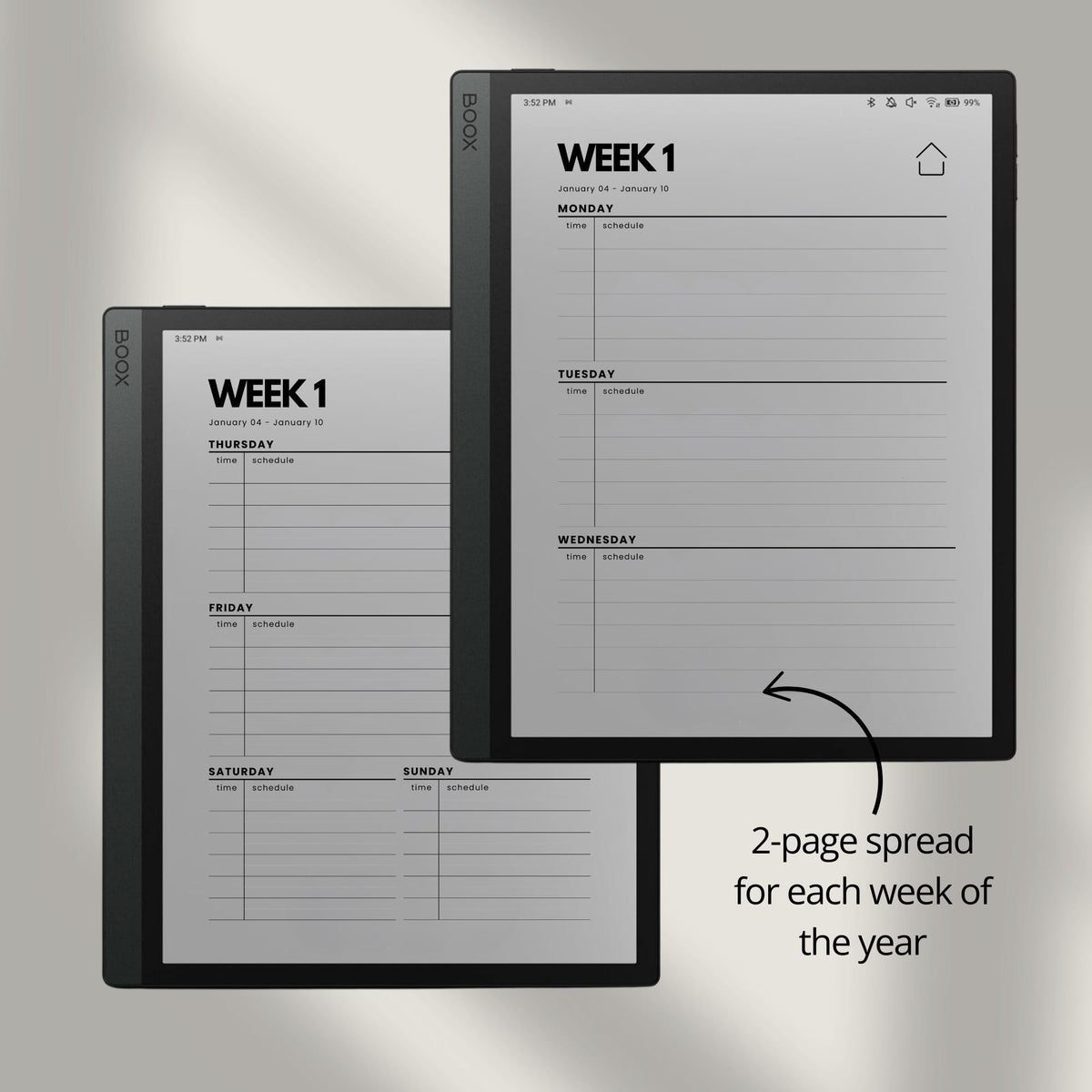 2-Year hyperlinked weekly planner bundle for BOOX devices featuring 2026 and 2027 digital planners with quarterly indexes, weekly navigation, and minimalist layouts.