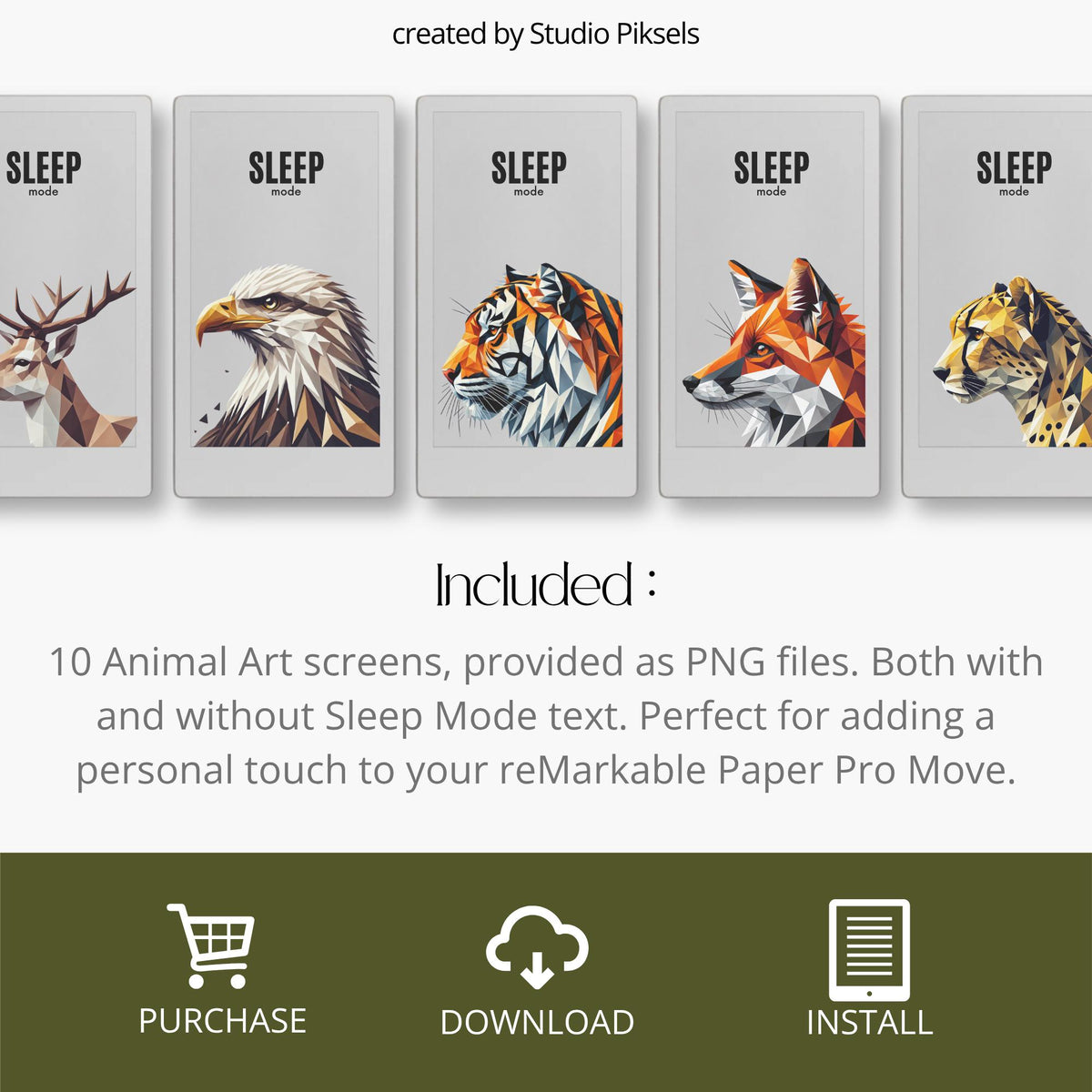 Customize your device with this Animal Art Sleep Screen Bundle designed for reMarkable Paper Pro Move. This collection includes 10 geometric animal sleep screen designs featuring modern digital artwork, bold colors, and stylized wildlife portraits that bring a creative and artistic look to your device during sleep mode.