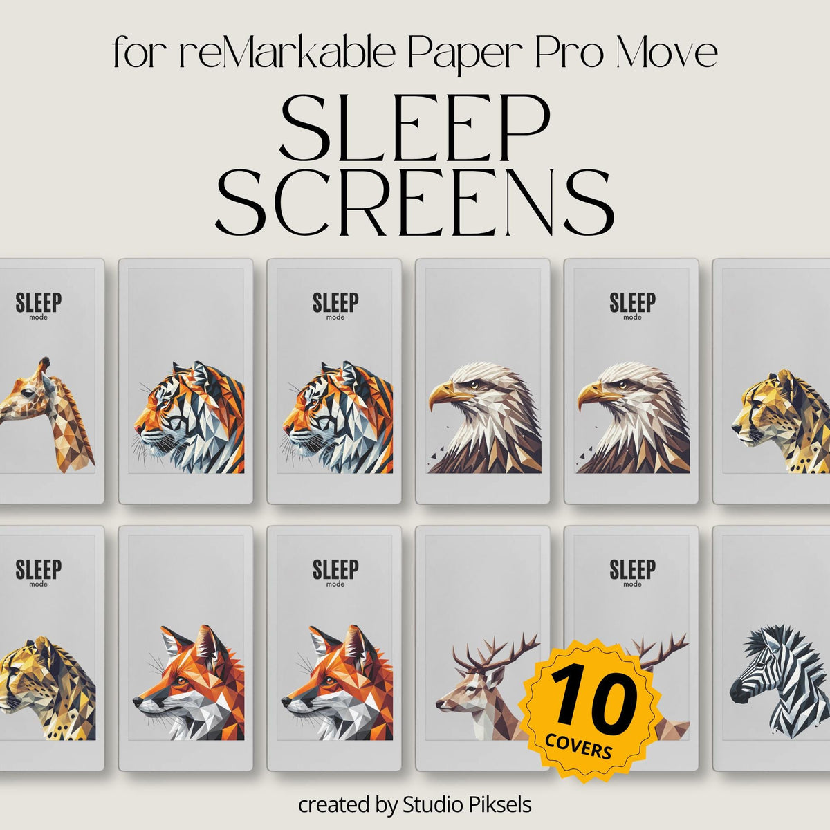 Customize your device with this Animal Art Sleep Screen Bundle designed for reMarkable Paper Pro Move. This collection includes 10 geometric animal sleep screen designs featuring modern digital artwork, bold colors, and stylized wildlife portraits that bring a creative and artistic look to your device during sleep mode.