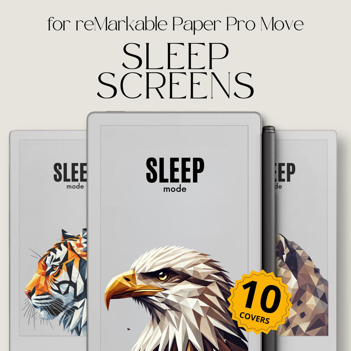 Customize your device with this Animal Art Sleep Screen Bundle designed for reMarkable Paper Pro Move. This collection includes 10 geometric animal sleep screen designs featuring modern digital artwork, bold colors, and stylized wildlife portraits that bring a creative and artistic look to your device during sleep mode.