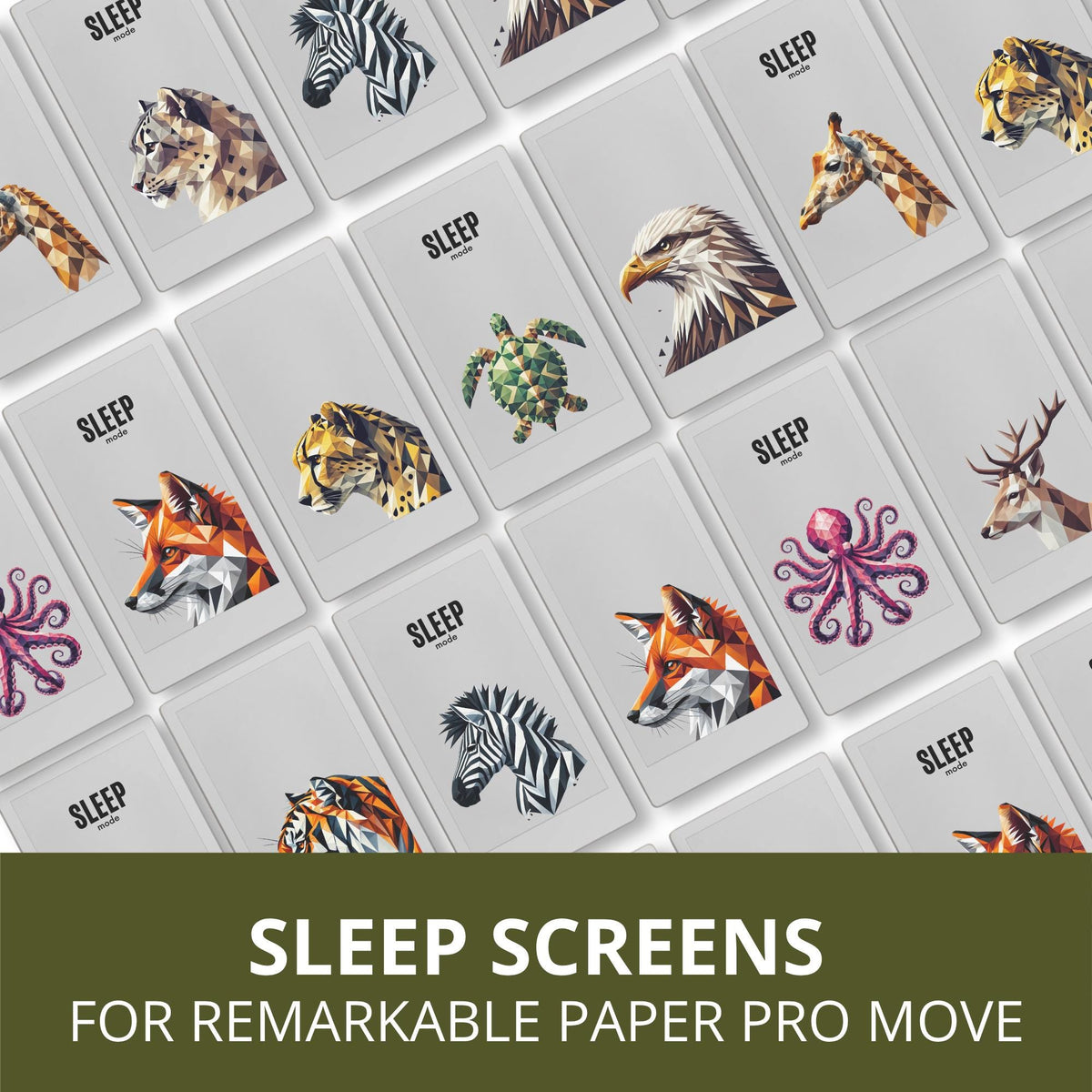Customize your device with this Animal Art Sleep Screen Bundle designed for reMarkable Paper Pro Move. This collection includes 10 geometric animal sleep screen designs featuring modern digital artwork, bold colors, and stylized wildlife portraits that bring a creative and artistic look to your device during sleep mode.