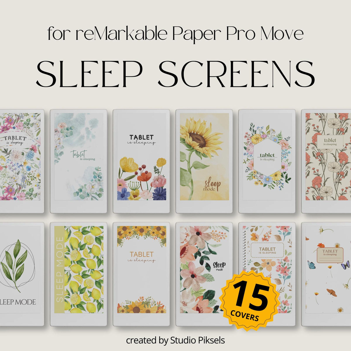 Enhance your reMarkable Paper Pro Move with this floral sleep screen bundle. Each design features soft, colorful flowers and botanical artwork, bringing a natural and calming aesthetic to your device.