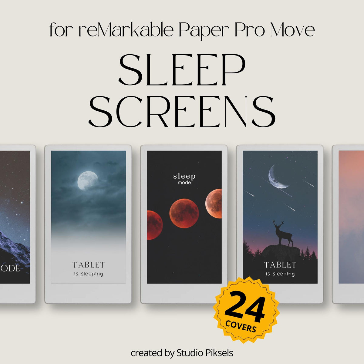 Customize your device with this Lunar Sleep Screen Bundle designed for reMarkable Paper Pro Move. This collection includes 24 moon-inspired sleep screens featuring glowing moons, lunar phases, eclipses, starry skies, and atmospheric night scenes that bring a calm and celestial look to your device during sleep mode.