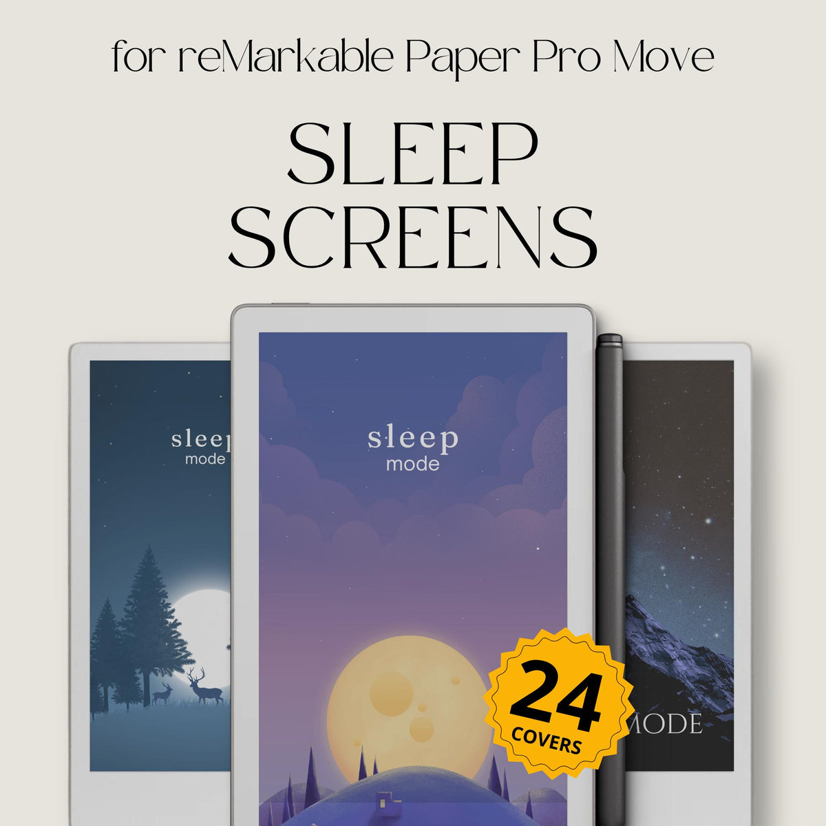 Customize your device with this Lunar Sleep Screen Bundle designed for reMarkable Paper Pro Move. This collection includes 24 moon-inspired sleep screens featuring glowing moons, lunar phases, eclipses, starry skies, and atmospheric night scenes that bring a calm and celestial look to your device during sleep mode.