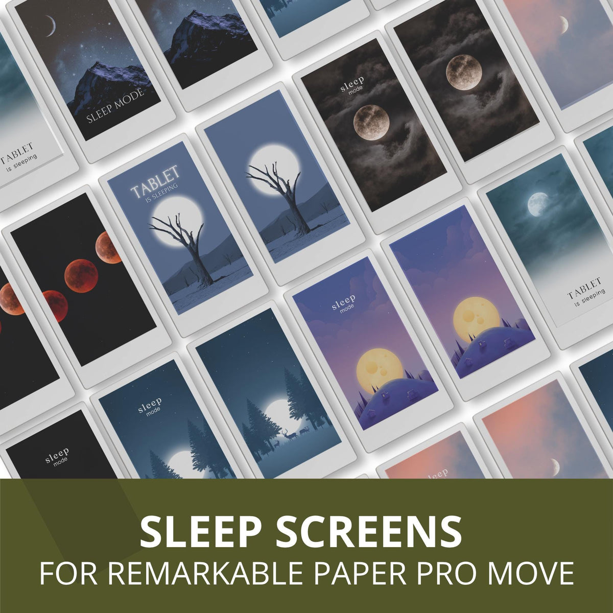 Customize your device with this Lunar Sleep Screen Bundle designed for reMarkable Paper Pro Move. This collection includes 24 moon-inspired sleep screens featuring glowing moons, lunar phases, eclipses, starry skies, and atmospheric night scenes that bring a calm and celestial look to your device during sleep mode.