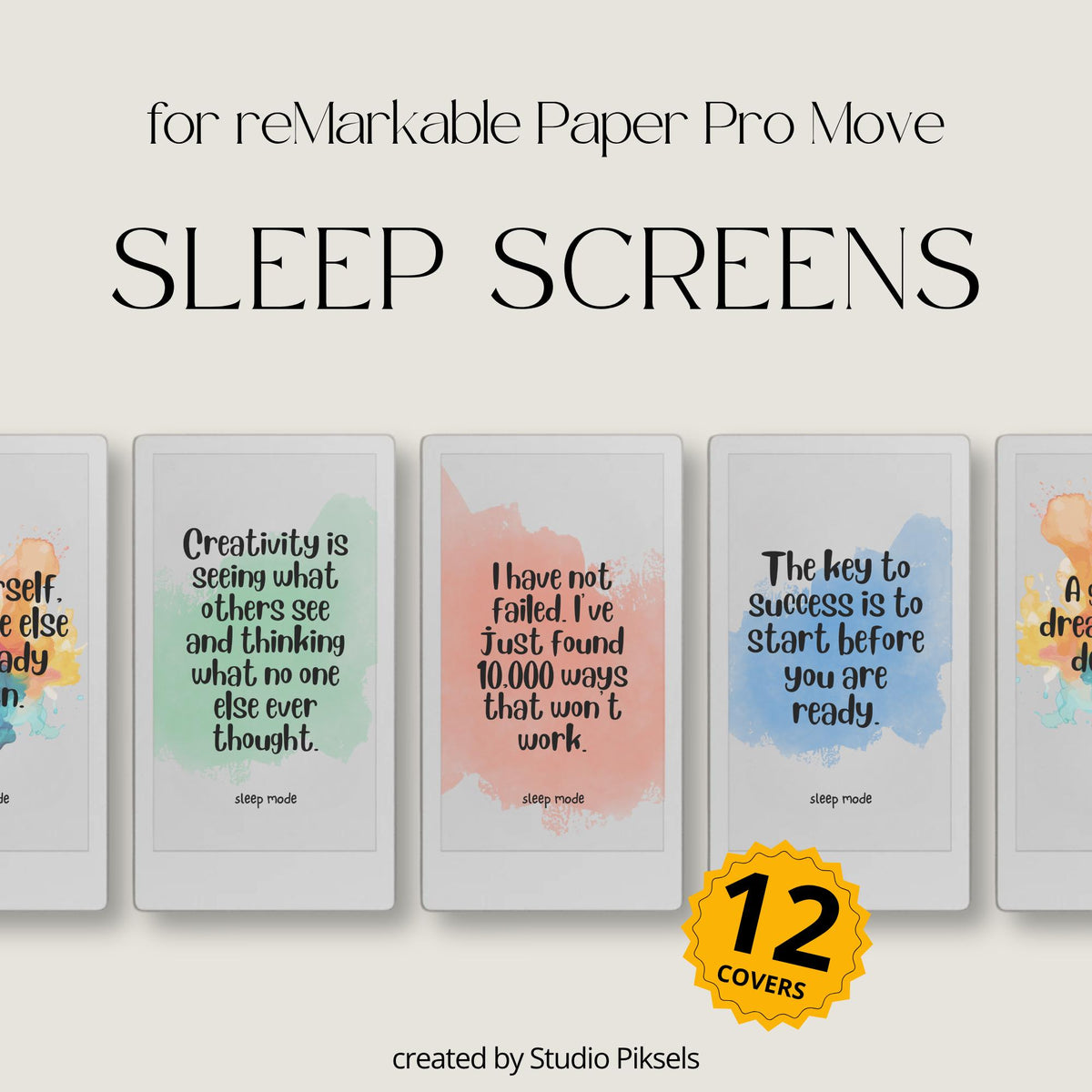 Customize your device with this Motivational Quote Sleep Screen Bundle designed for reMarkable Paper Pro Move. This collection includes 12 colorful sleep screens featuring inspirational quotes, watercolor backgrounds, and uplifting designs that add personality and motivation to your device during sleep mode.