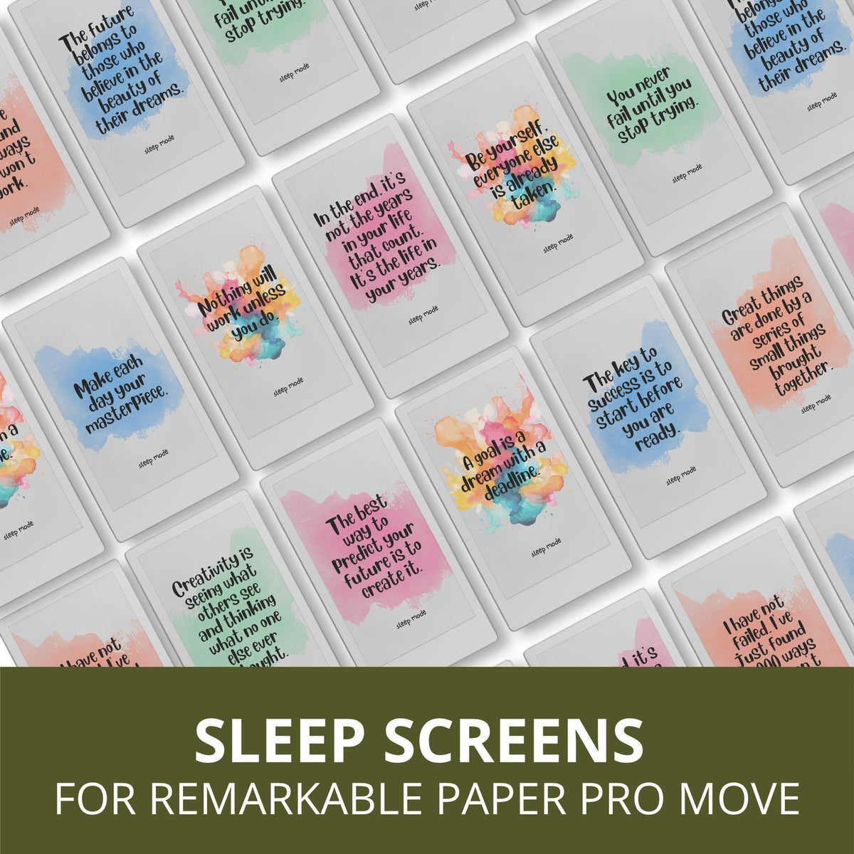 Customize your device with this Motivational Quote Sleep Screen Bundle designed for reMarkable Paper Pro Move. This collection includes 12 colorful sleep screens featuring inspirational quotes, watercolor backgrounds, and uplifting designs that add personality and motivation to your device during sleep mode.