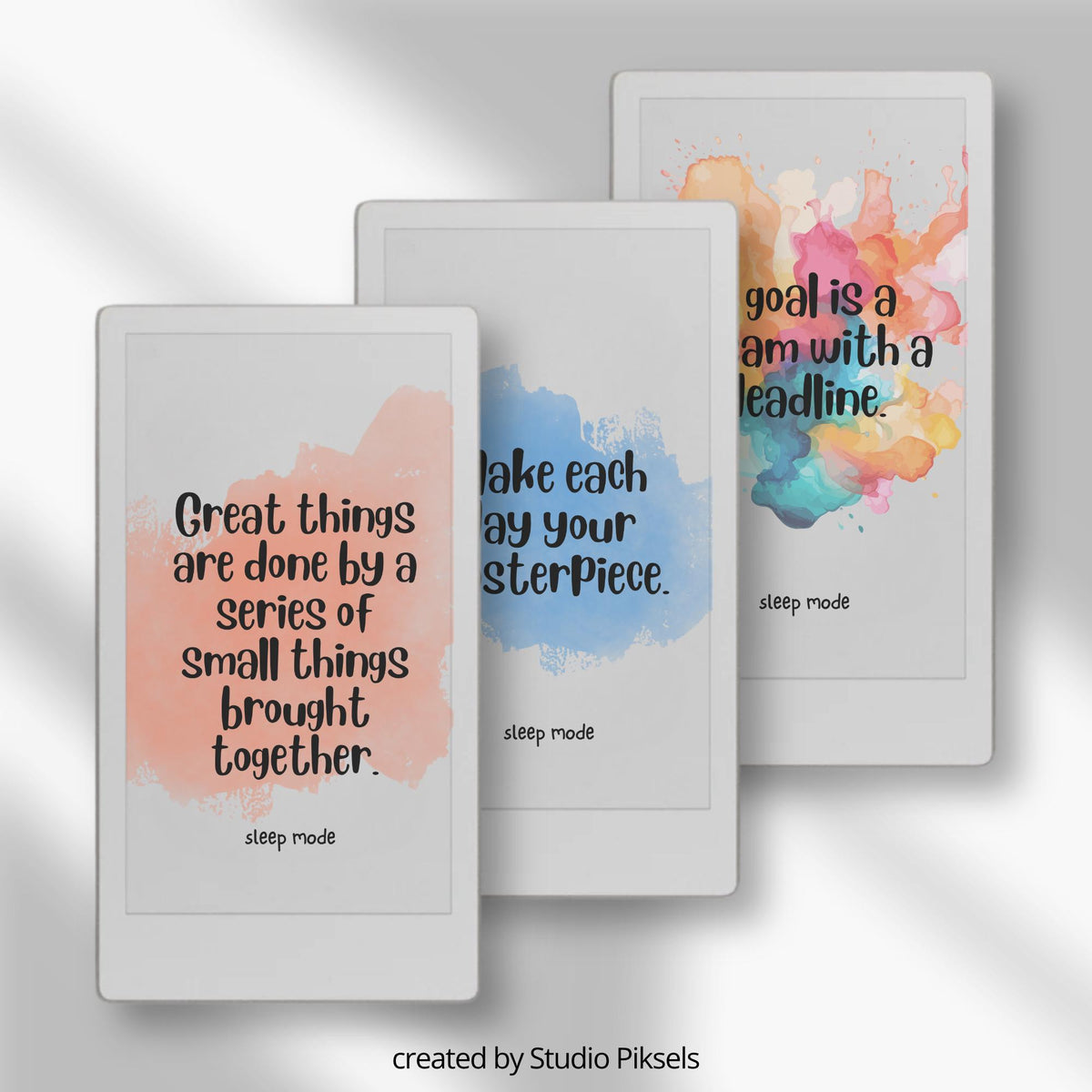 Customize your device with this Motivational Quote Sleep Screen Bundle designed for reMarkable Paper Pro Move. This collection includes 12 colorful sleep screens featuring inspirational quotes, watercolor backgrounds, and uplifting designs that add personality and motivation to your device during sleep mode.