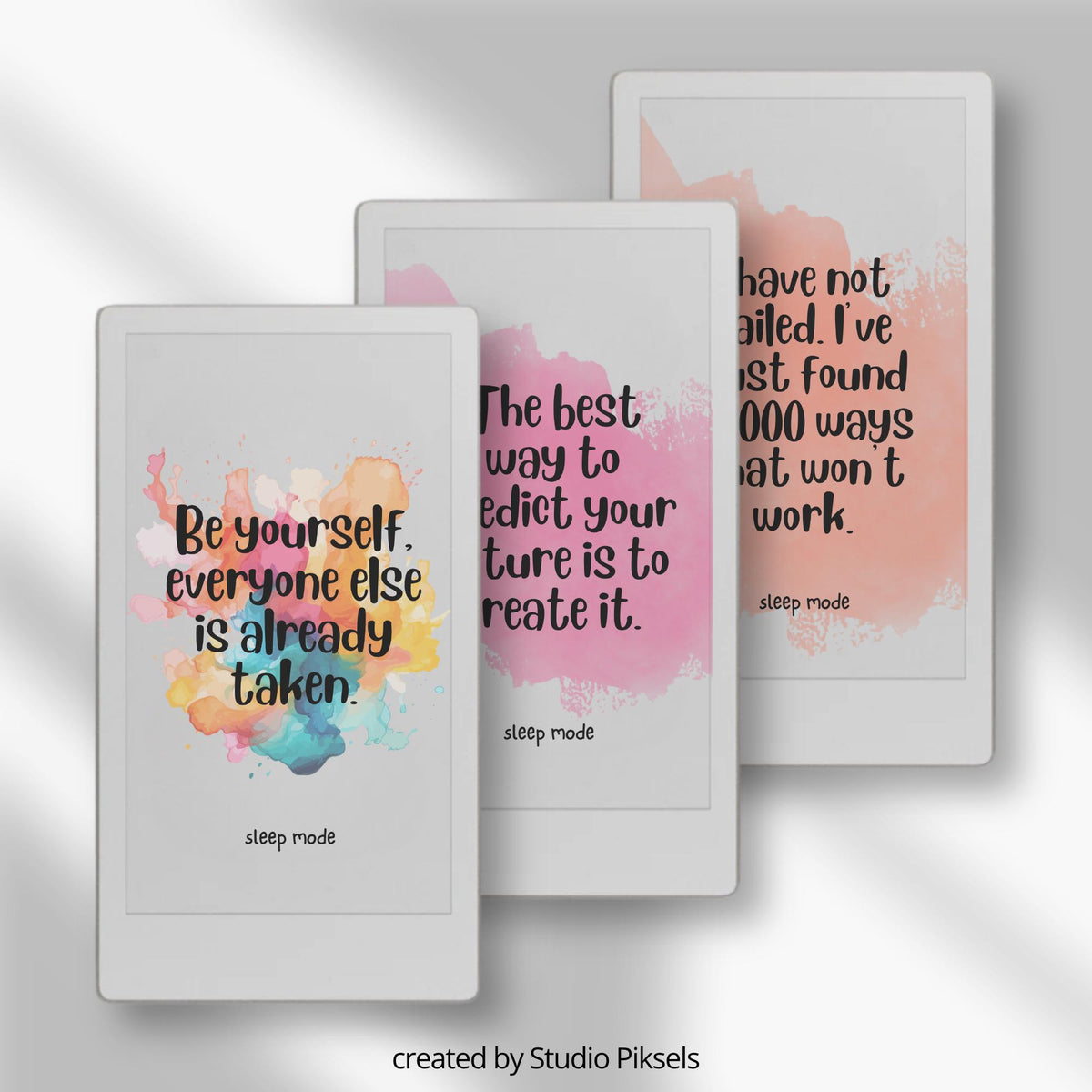Customize your device with this Motivational Quote Sleep Screen Bundle designed for reMarkable Paper Pro Move. This collection includes 12 colorful sleep screens featuring inspirational quotes, watercolor backgrounds, and uplifting designs that add personality and motivation to your device during sleep mode.