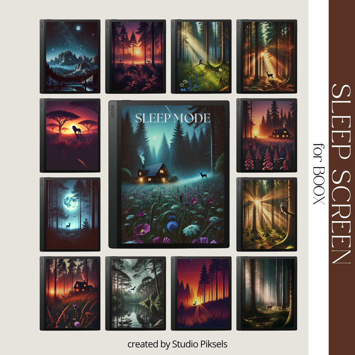 BOOX Sleep Screen Bundle with 26 forest and nature screensavers featuring cabins, sunsets, and peaceful landscapes for BOOX E Ink devices