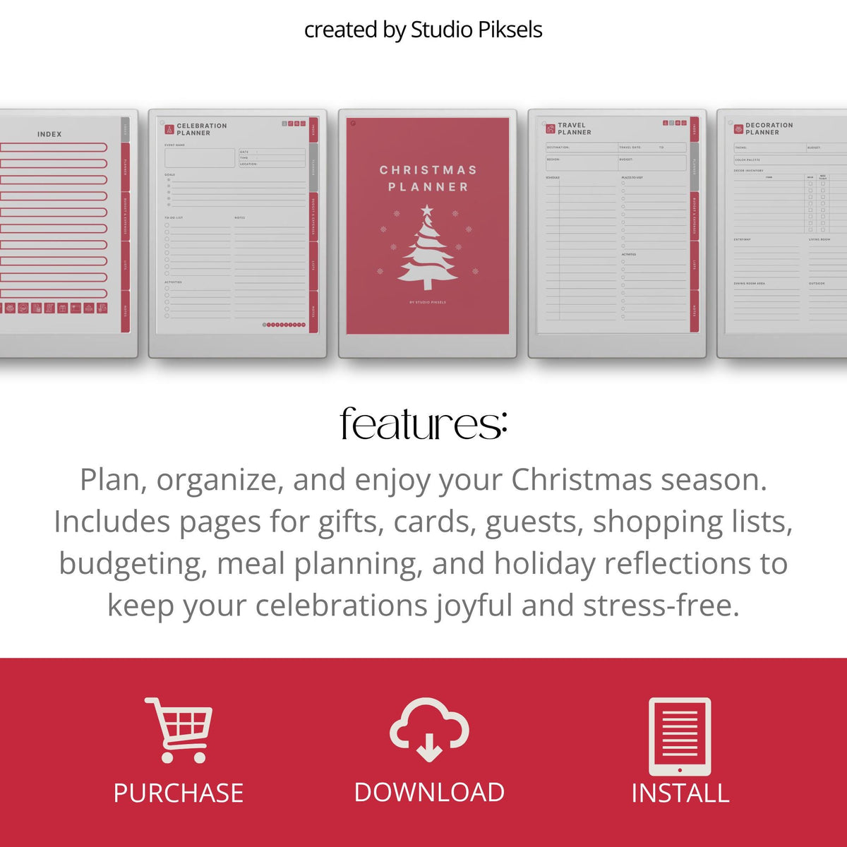 Hyperlinked Christmas Planner for reMarkable Paper Pro with holiday budgeting pages, gift trackers, meal planning layouts, travel sections, and festive digital organization tools.