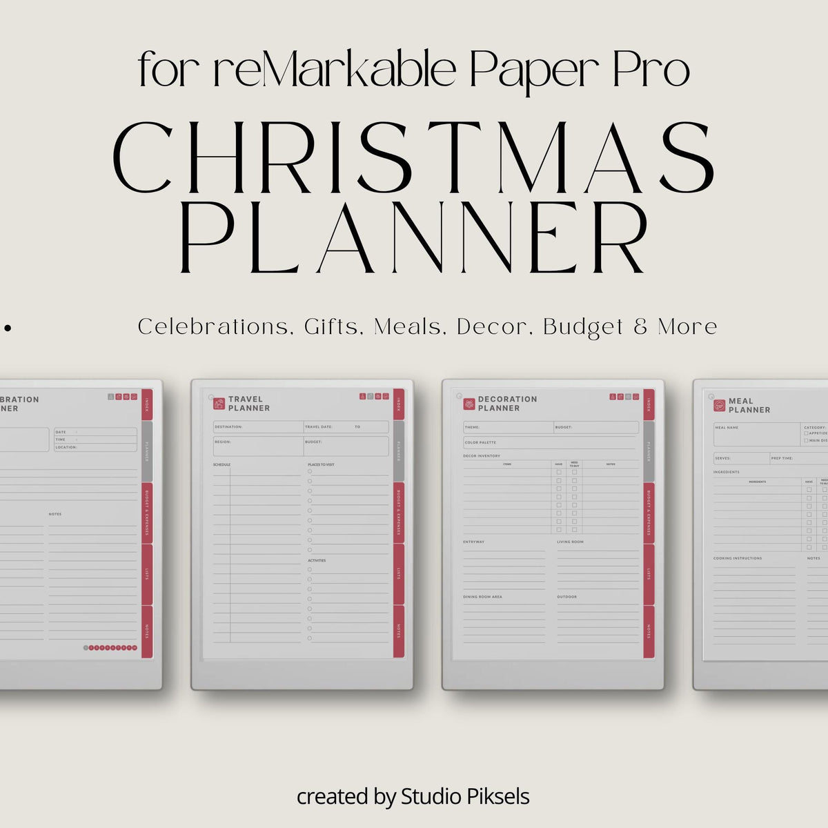 Hyperlinked Christmas Planner for reMarkable Paper Pro with holiday budgeting pages, gift trackers, meal planning layouts, travel sections, and festive digital organization tools.