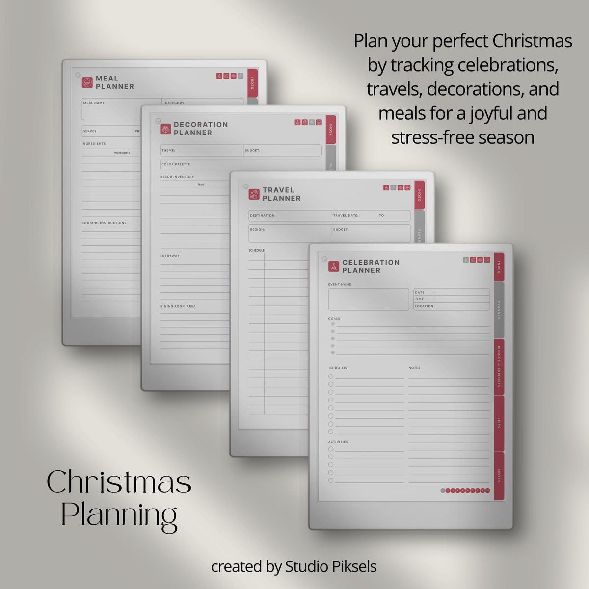 Hyperlinked Christmas Planner for reMarkable Paper Pro with holiday budgeting pages, gift trackers, meal planning layouts, travel sections, and festive digital organization tools.