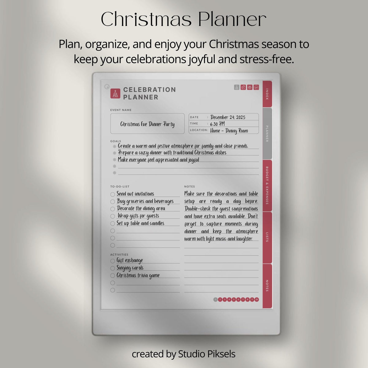Hyperlinked Christmas Planner for reMarkable Paper Pro with holiday budgeting pages, gift trackers, meal planning layouts, travel sections, and festive digital organization tools.