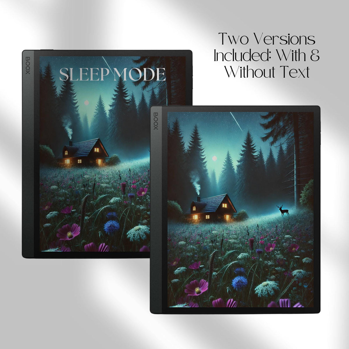 BOOX Sleep Screen Bundle with 26 forest and nature screensavers featuring cabins, sunsets, and peaceful landscapes for BOOX E Ink devices