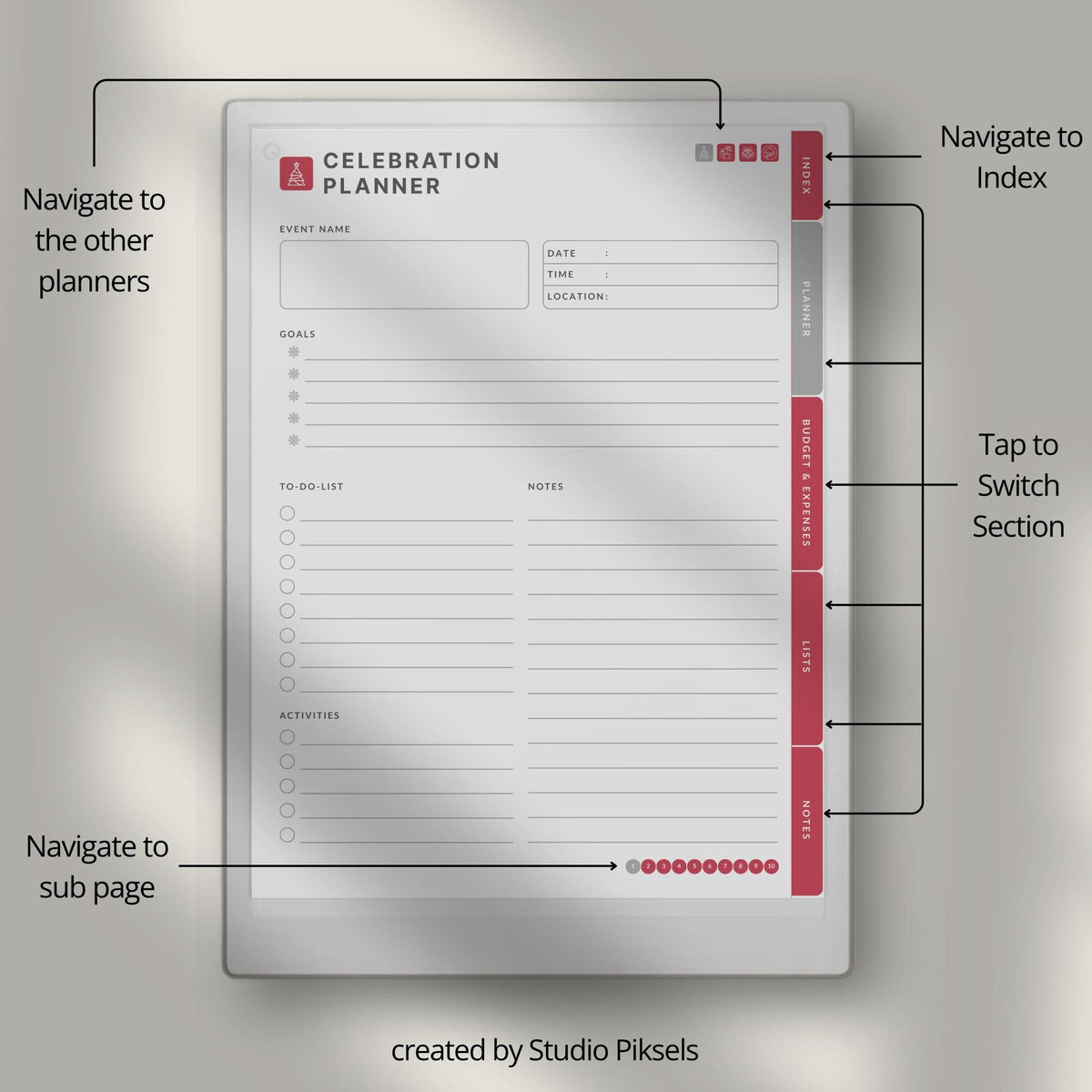 Hyperlinked Christmas Planner for reMarkable Paper Pro with holiday budgeting pages, gift trackers, meal planning layouts, travel sections, and festive digital organization tools.