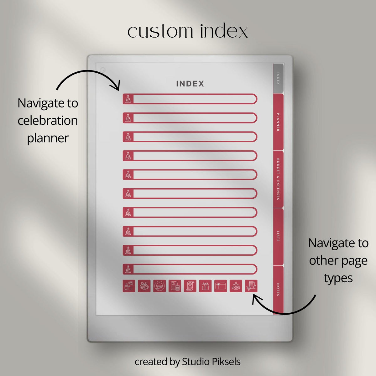 Hyperlinked Christmas Planner for reMarkable Paper Pro with holiday budgeting pages, gift trackers, meal planning layouts, travel sections, and festive digital organization tools.