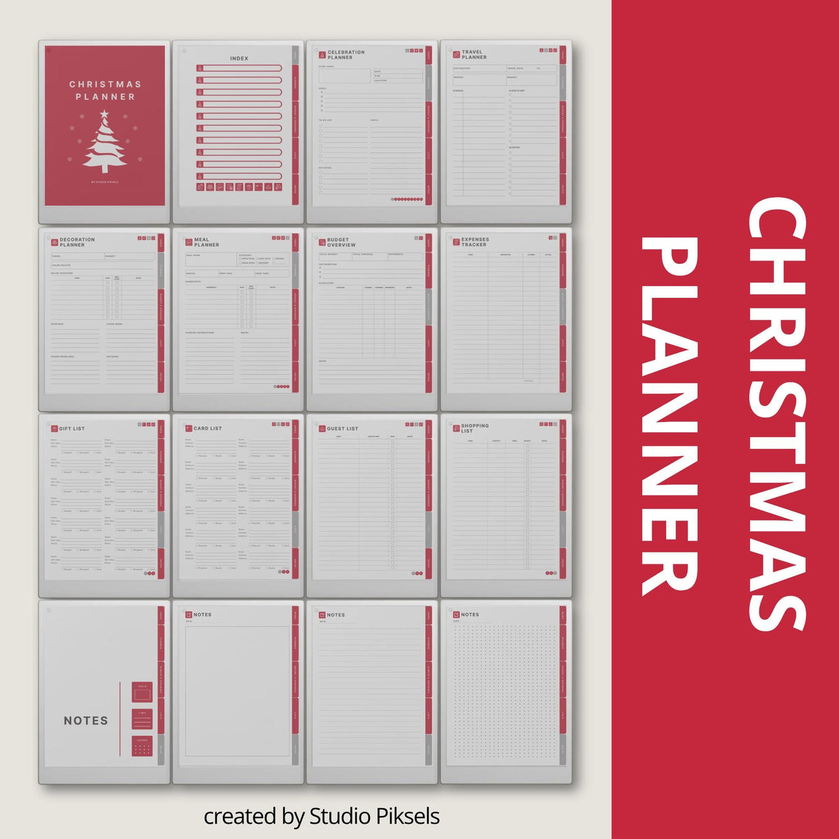 Hyperlinked Christmas Planner for reMarkable Paper Pro with holiday budgeting pages, gift trackers, meal planning layouts, travel sections, and festive digital organization tools.