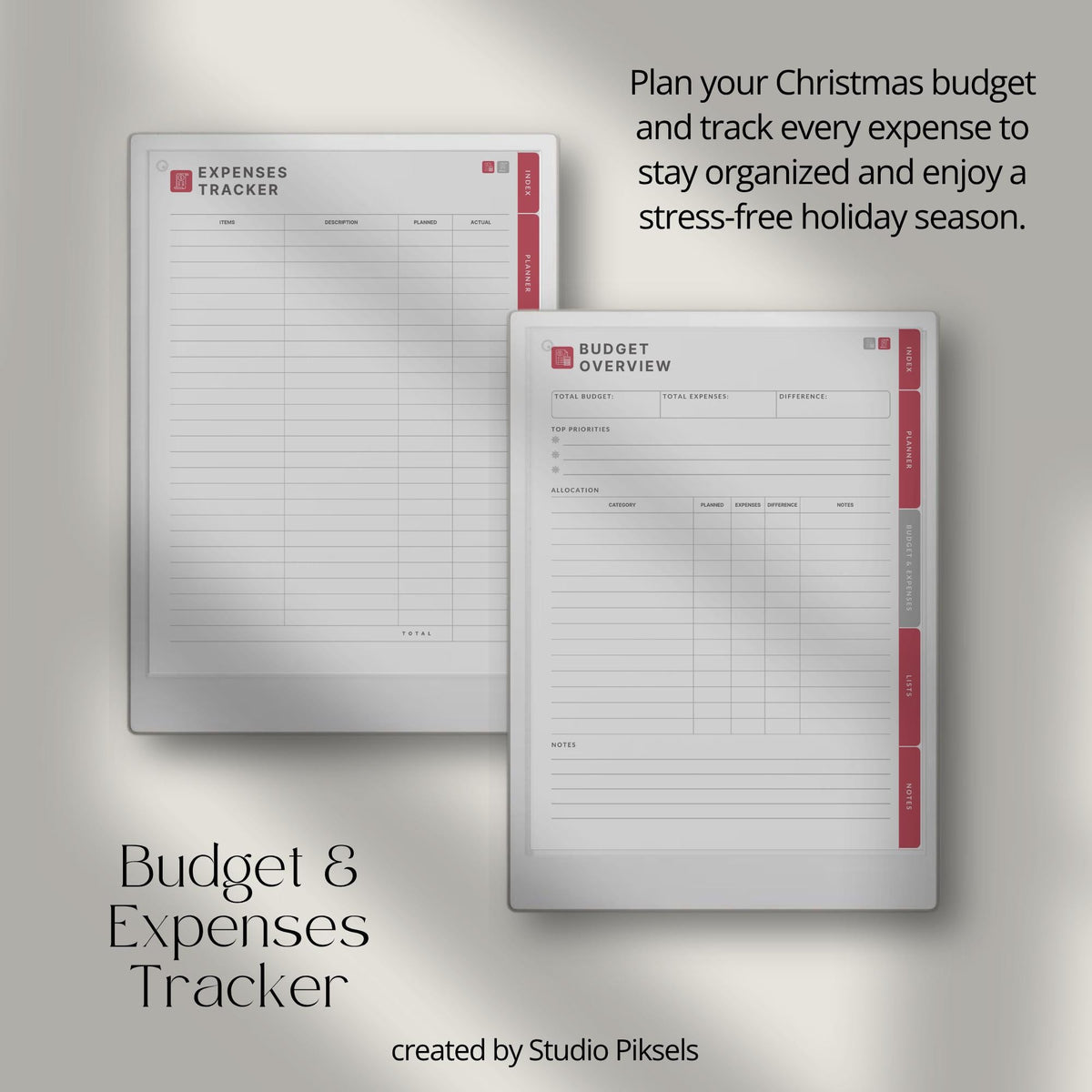 Hyperlinked Christmas Planner for reMarkable Paper Pro with holiday budgeting pages, gift trackers, meal planning layouts, travel sections, and festive digital organization tools.