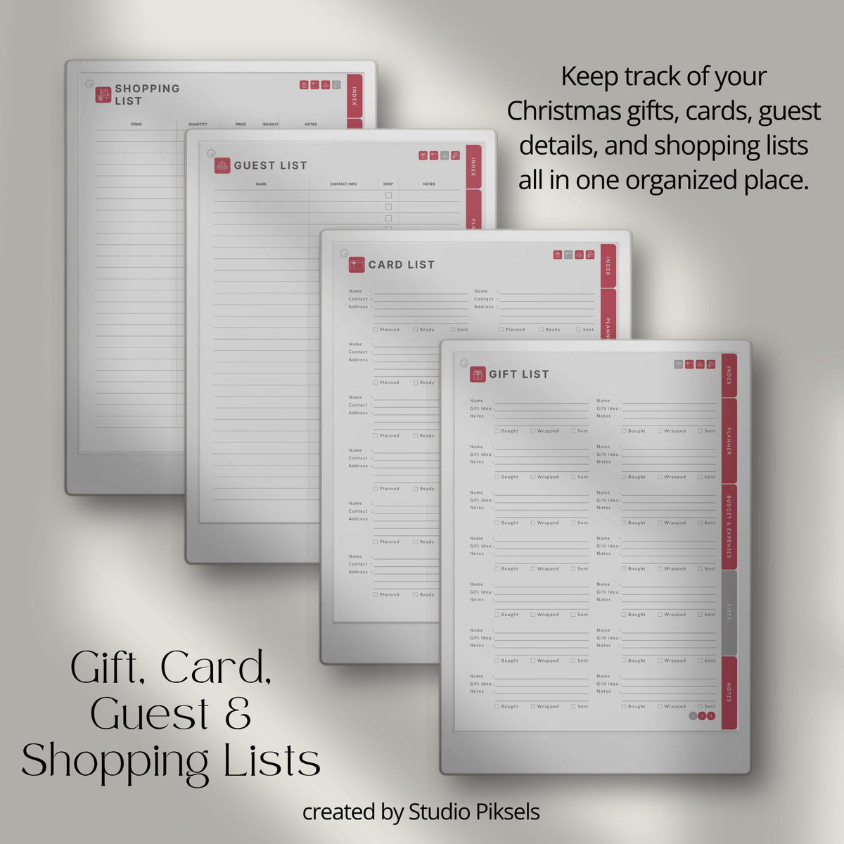 Hyperlinked Christmas Planner for reMarkable Paper Pro with holiday budgeting pages, gift trackers, meal planning layouts, travel sections, and festive digital organization tools.