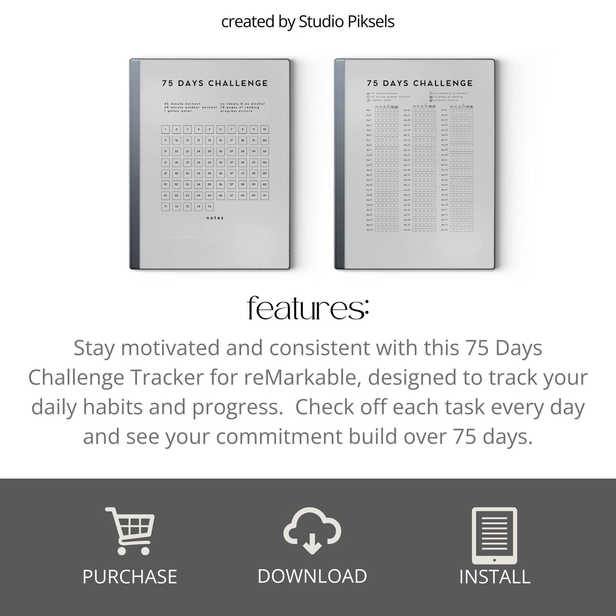 75-Day Challenge Tracker Bundle PDF for reMarkable 2 and Paper Pure with grayscale fitness tracking pages and minimalist habit challenge layouts