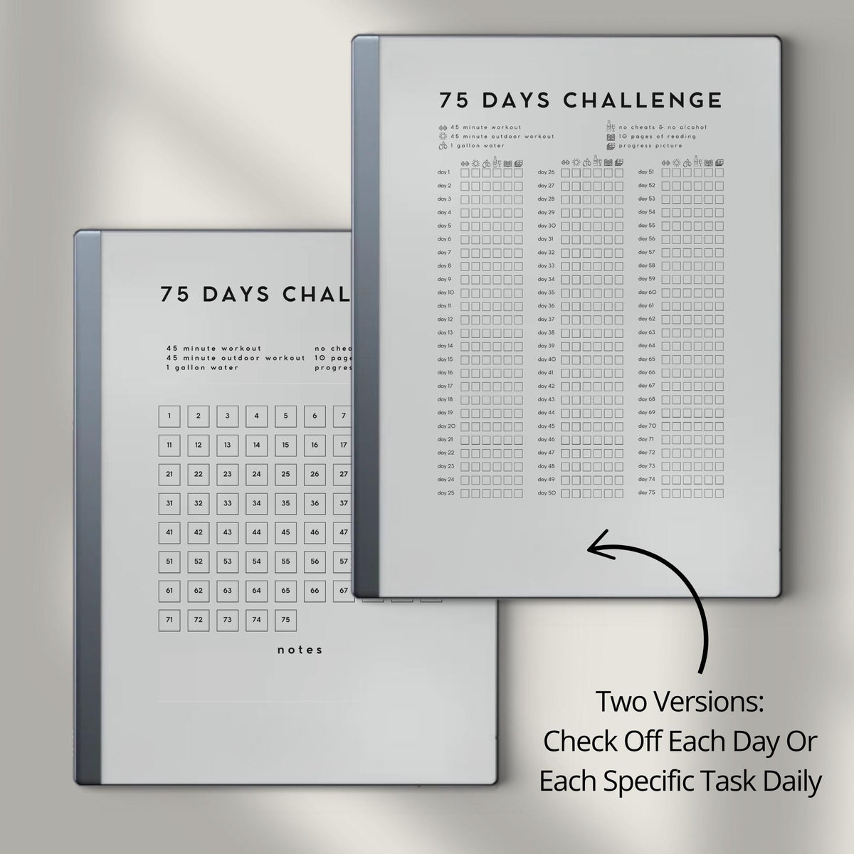 75-Day Challenge Tracker Bundle PDF for reMarkable 2 and Paper Pure with grayscale fitness tracking pages and minimalist habit challenge layouts