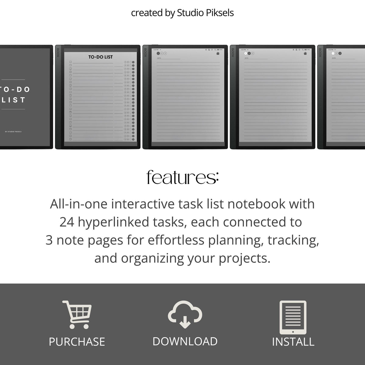 Hyperlinked To Do List for BOOX with linked task pages, grayscale productivity layouts, and digital planning notebook design.
