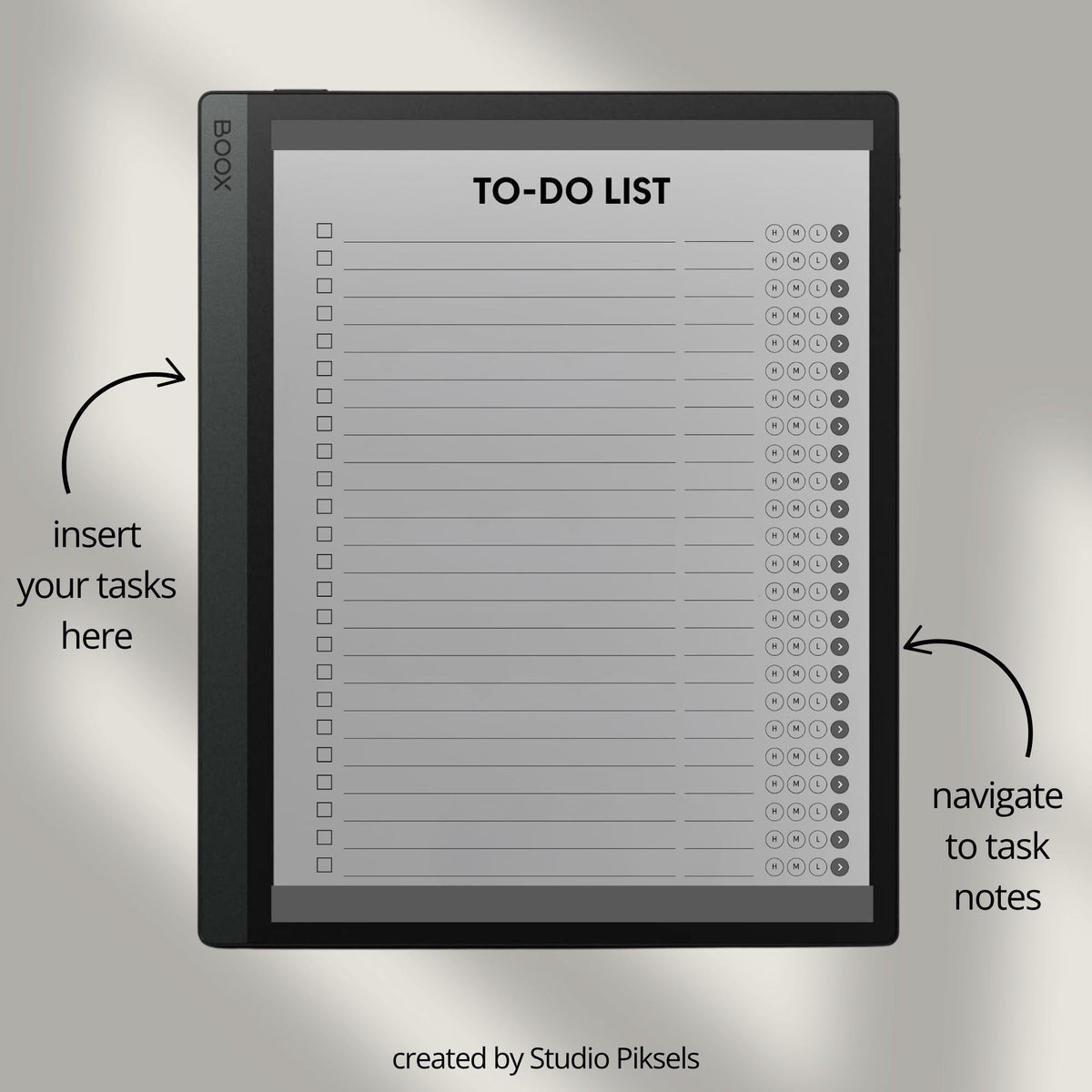 Hyperlinked To Do List for BOOX with linked task pages, grayscale productivity layouts, and digital planning notebook design.