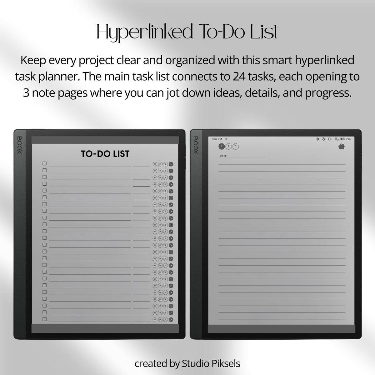 Hyperlinked To Do List for BOOX with linked task pages, grayscale productivity layouts, and digital planning notebook design.