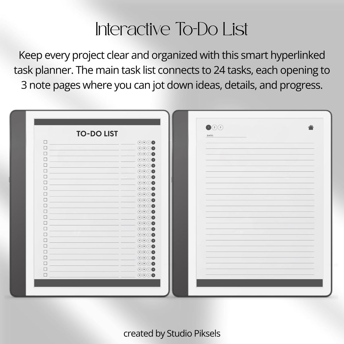 Hyperlinked To Do List Notebook for Kindle Scribe with interactive task pages, linked notes layouts, and grayscale digital planning design.