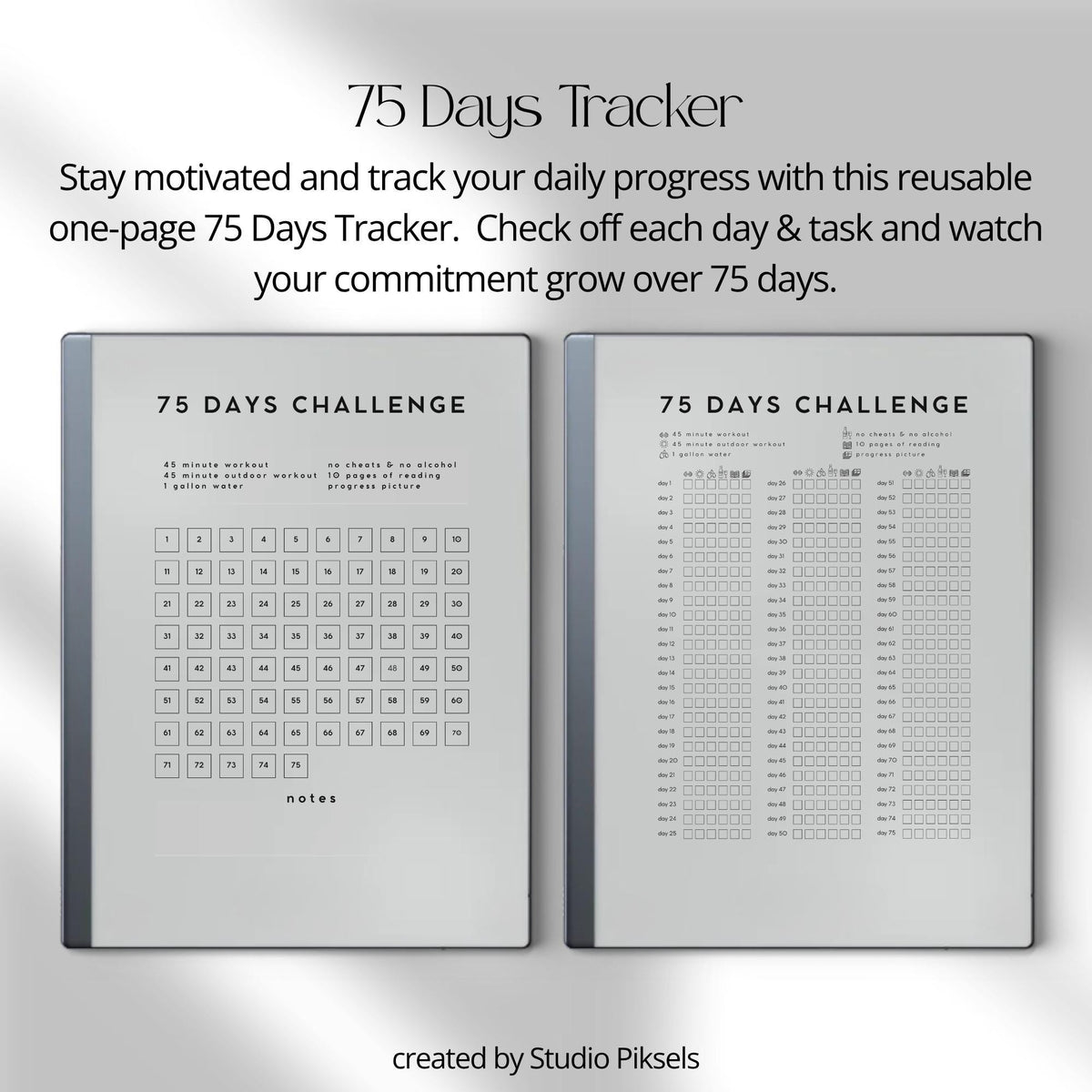75-Day Challenge Tracker Bundle PDF for reMarkable 2 and Paper Pure with grayscale fitness tracking pages and minimalist habit challenge layouts