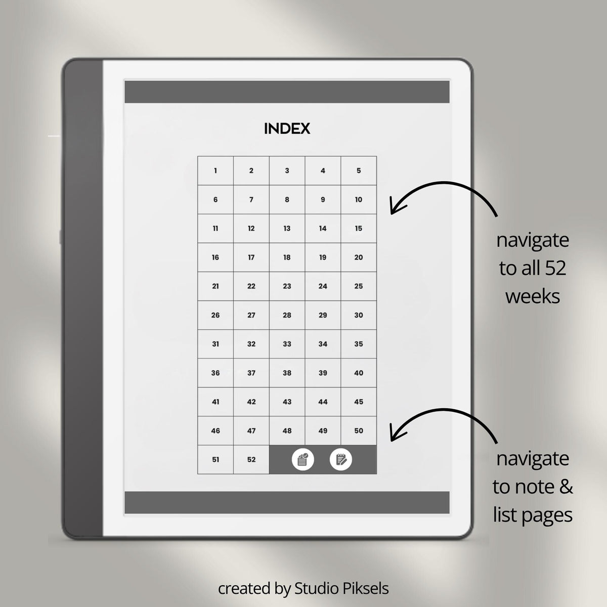 Minimalist hyperlinked Habit Tracker for Kindle Scribe with weekly habit tracking pages, clickable index navigation, checklist sections, and clean digital planning layout.