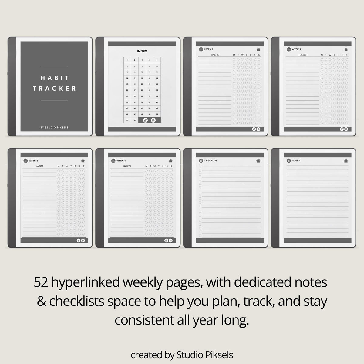Minimalist hyperlinked Habit Tracker for Kindle Scribe with weekly habit tracking pages, clickable index navigation, checklist sections, and clean digital planning layout.
