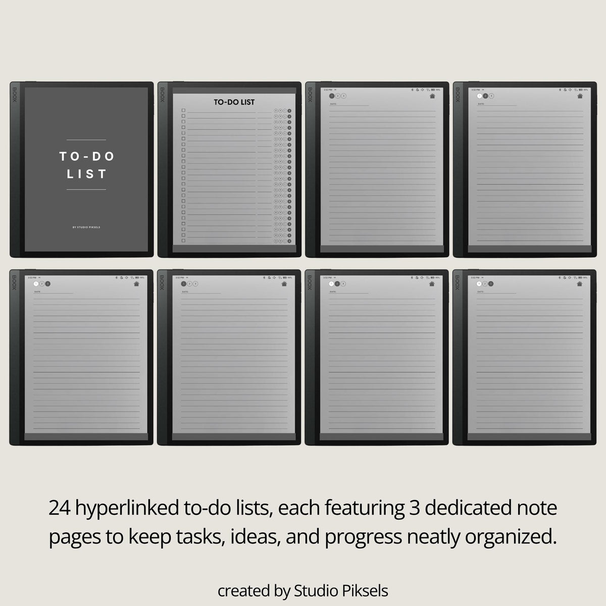 Hyperlinked To Do List for BOOX with linked task pages, grayscale productivity layouts, and digital planning notebook design.