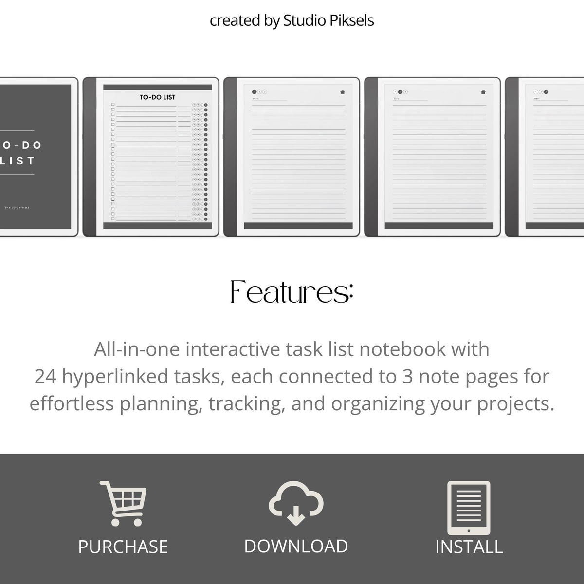 Hyperlinked To Do List Notebook for Kindle Scribe with interactive task pages, linked notes layouts, and grayscale digital planning design.