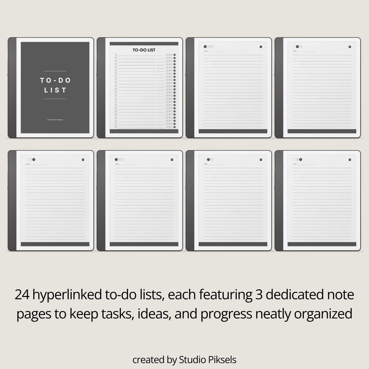 Hyperlinked To Do List Notebook for Kindle Scribe with interactive task pages, linked notes layouts, and grayscale digital planning design.