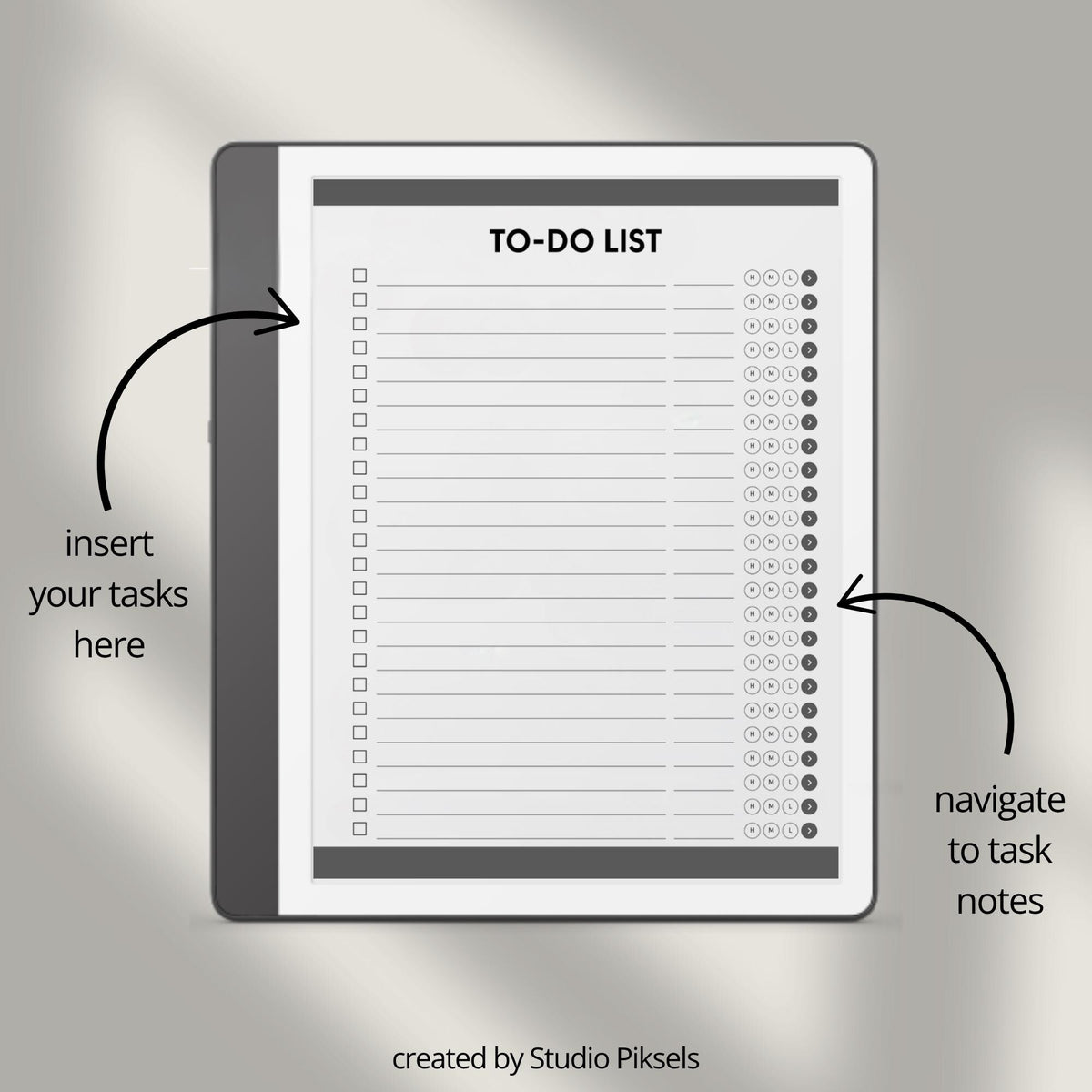 Hyperlinked To Do List Notebook for Kindle Scribe with interactive task pages, linked notes layouts, and grayscale digital planning design.