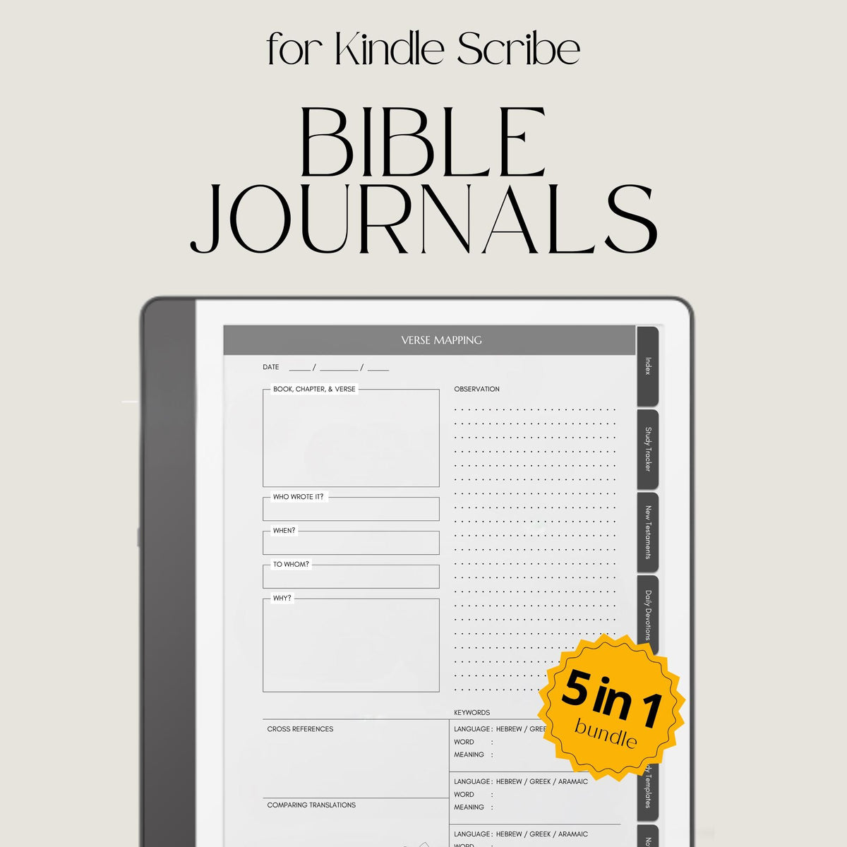 Bible Study Journal Bundle for Kindle Scribe with hyperlinked scripture study journals, sermon notes, prayer pages, and devotion templates.