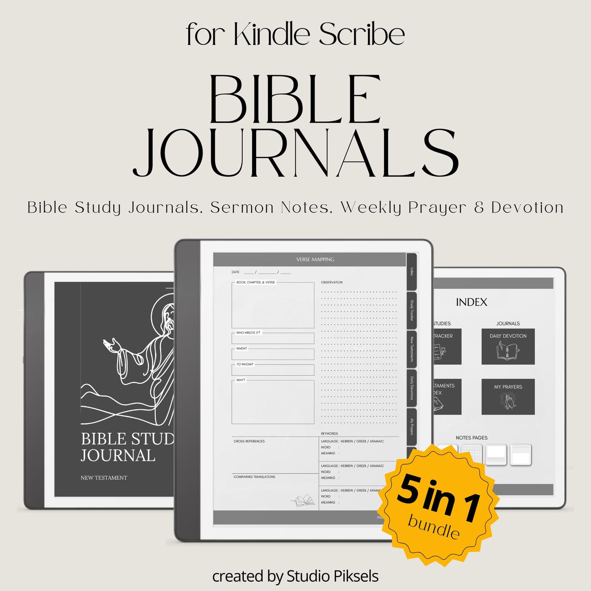 Bible Study Journal Bundle for Kindle Scribe with hyperlinked scripture study journals, sermon notes, prayer pages, and devotion templates.