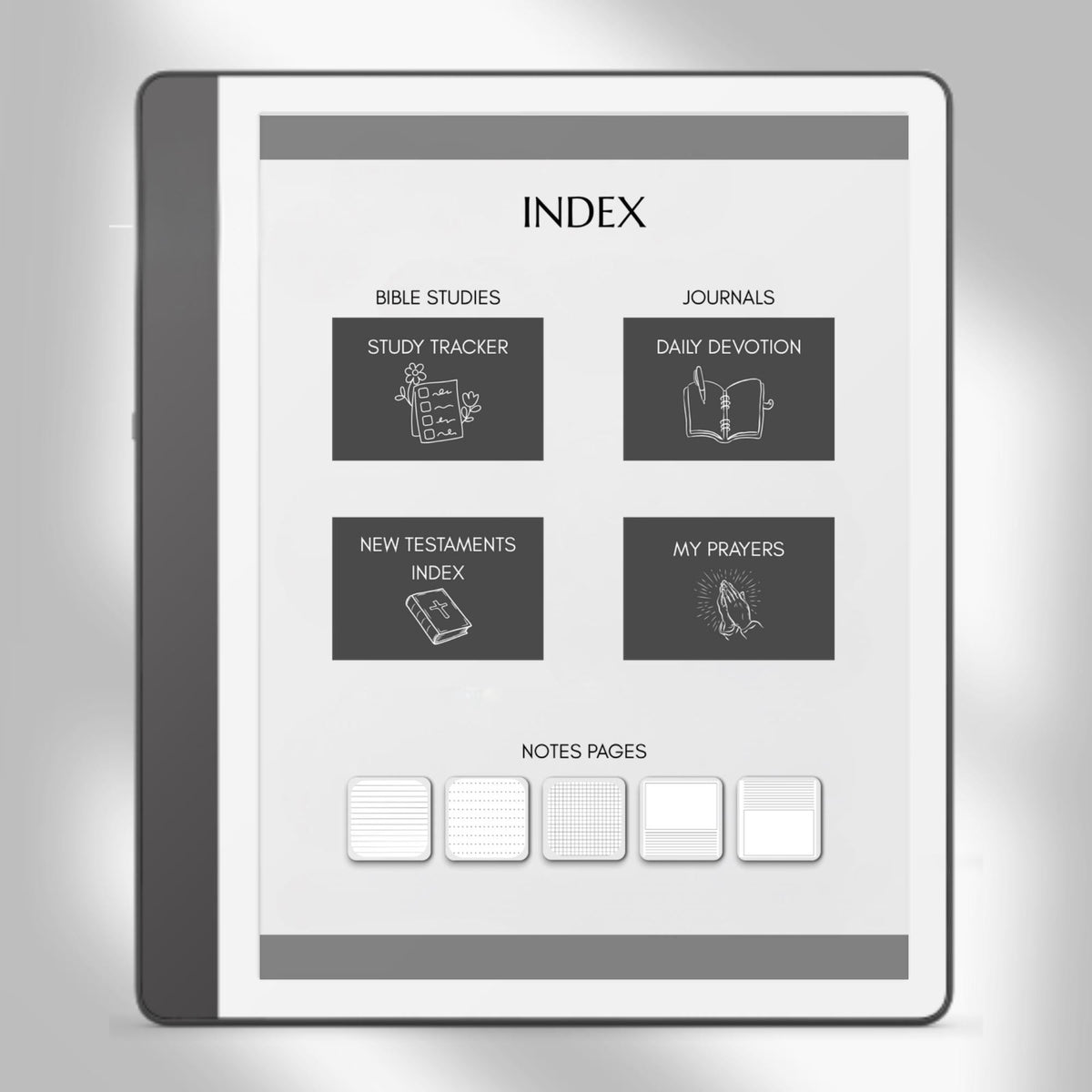 Bible Study Journal Bundle for Kindle Scribe with hyperlinked scripture study journals, sermon notes, prayer pages, and devotion templates.