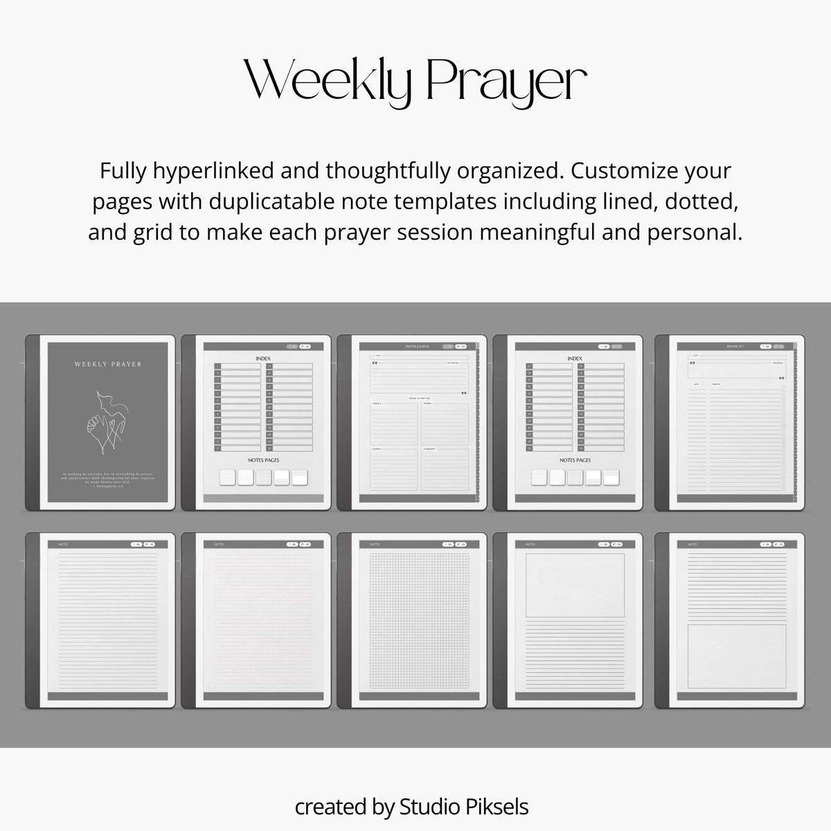 Bible Study Journal Bundle for Kindle Scribe with hyperlinked scripture study journals, sermon notes, prayer pages, and devotion templates.