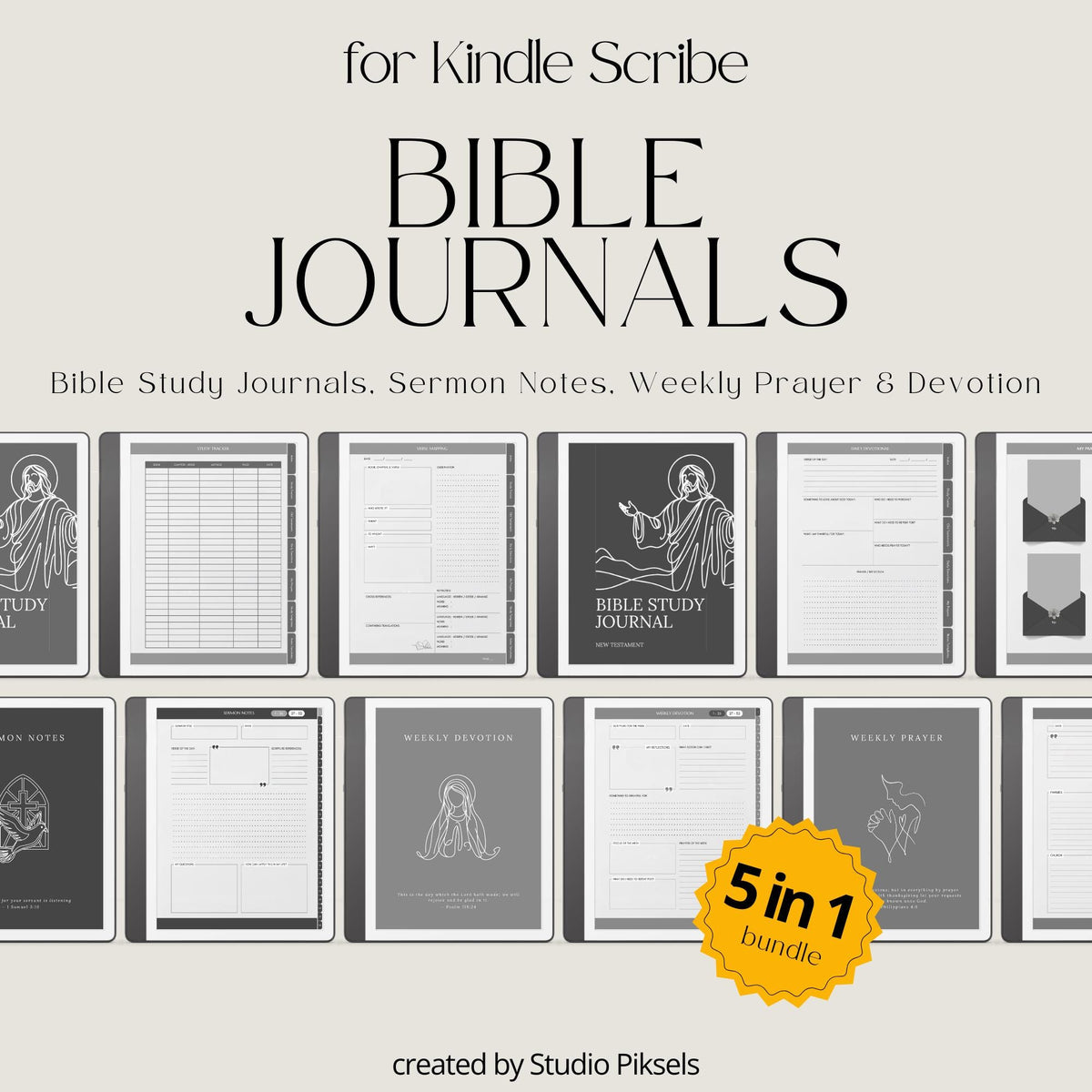 Bible Study Journal Bundle for Kindle Scribe with hyperlinked scripture study journals, sermon notes, prayer pages, and devotion templates.
