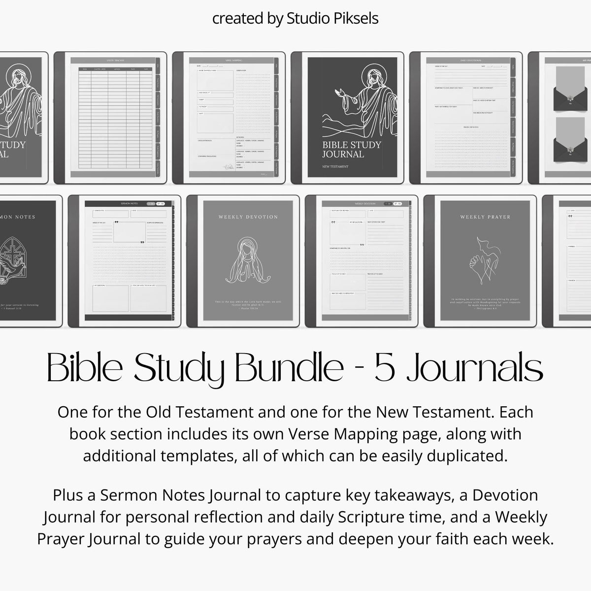 Bible Study Journal Bundle for Kindle Scribe with hyperlinked scripture study journals, sermon notes, prayer pages, and devotion templates.
