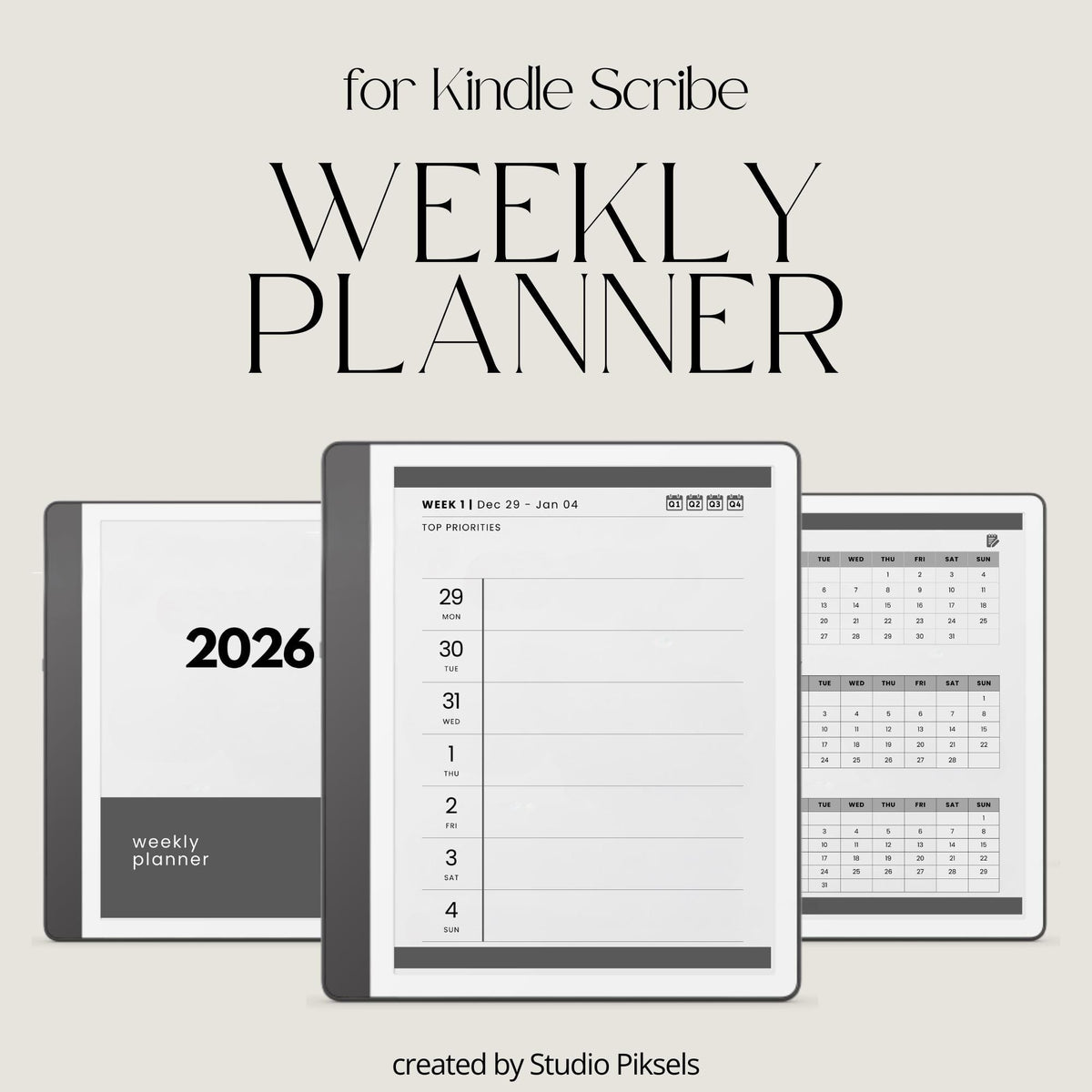 2026 Hyperlinked Weekly Planner for Kindle Scribe featuring weekly spreads, quarterly calendar overviews, linked notes pages, and minimalist digital planner layouts.