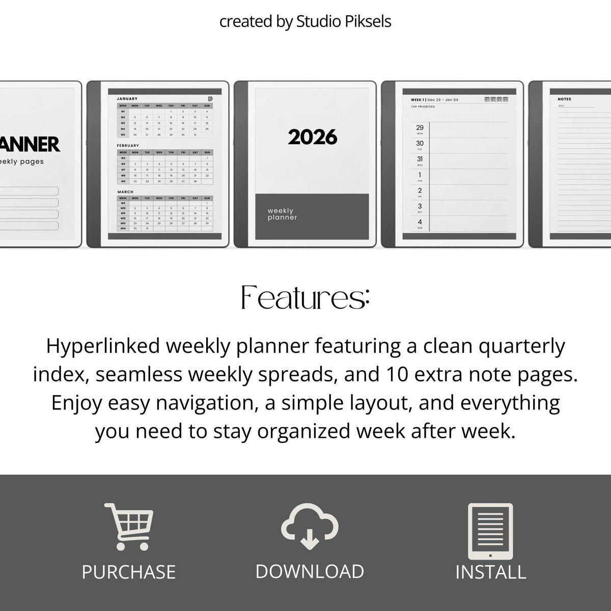 2026 Hyperlinked Weekly Planner for Kindle Scribe featuring weekly spreads, quarterly calendar overviews, linked notes pages, and minimalist digital planner layouts.