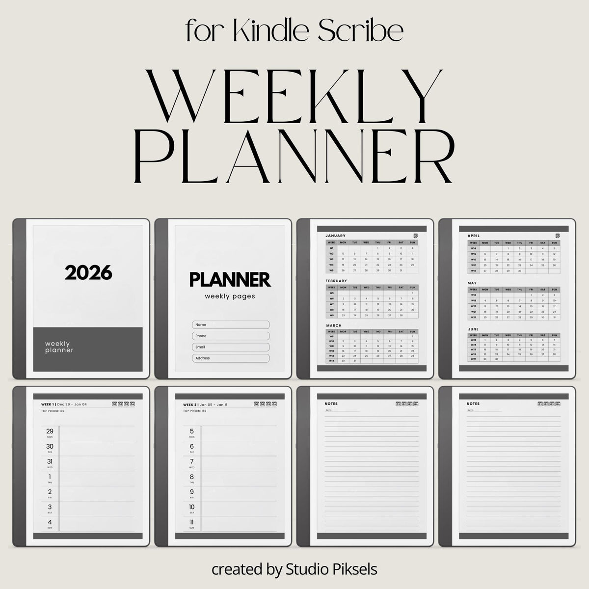 2026 Hyperlinked Weekly Planner for Kindle Scribe featuring weekly spreads, quarterly calendar overviews, linked notes pages, and minimalist digital planner layouts.