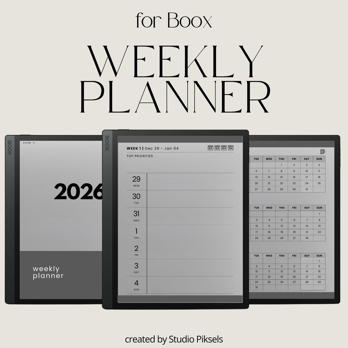 2026 Hyperlinked Weekly Planner for BOOX with linked weekly layouts, quarterly calendars, and minimalist digital productivity pages.